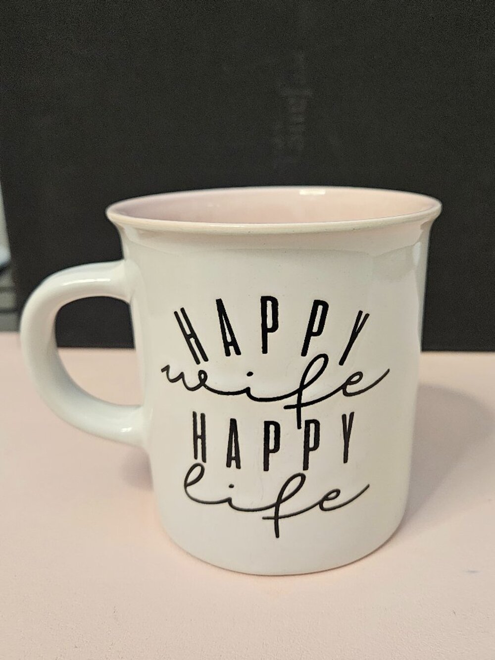Ceramic Coffee Mug White & Pink Drinkware Happy Wife Happy Life